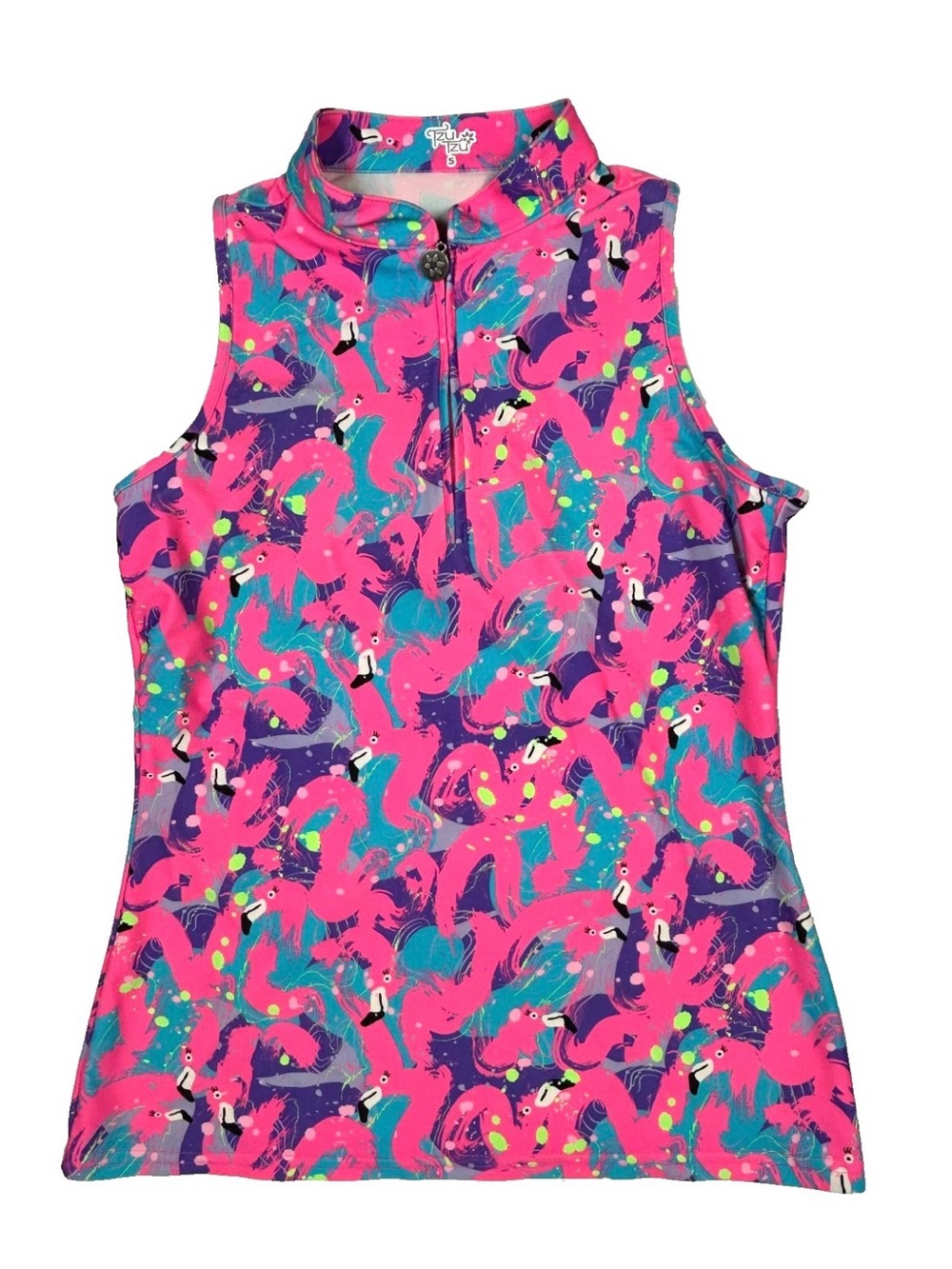 TZU TZU Sport Golf Mock Polo Bella Top Small Sleeveless Neon Pink FLAMINGO